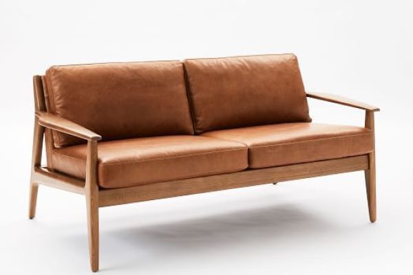 Mathias Mid-Century Wood Frame Leather Loveseat